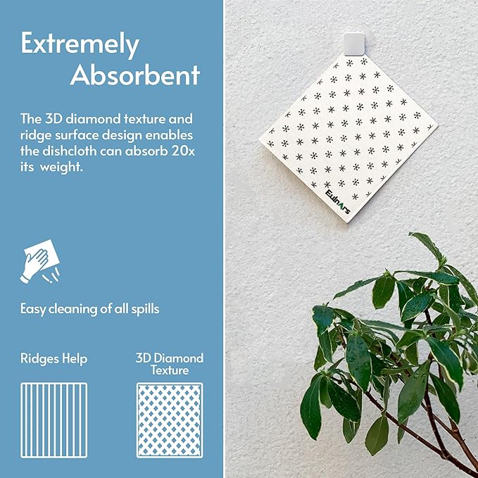 Reusable Paper Towels, 8-Pack Swedish Dishcloths for Kitchen with 3 Clips, Black White, Cotton, 200 Washes