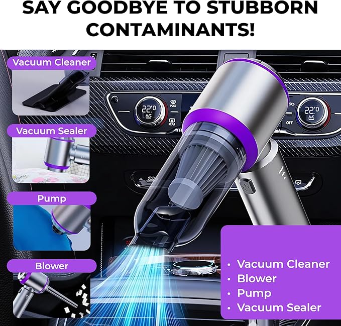 Cordless Handheld Vacuum & Air Duster – 4 in 1 Mini Portable 18000PA, Brushless Car Vacuum Cleaner, Blower & Inflator for Home, Office & Travel – Purple