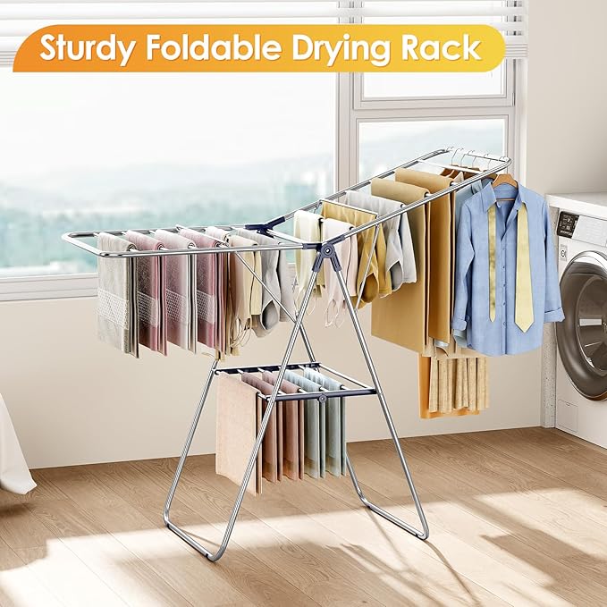 KINGBOARD Clothes Drying Rack, Laundry Drying Rack with Height-Adjustable, Foldable Gullwing for Easy Storage, No Assembly, Indoor Outdoor Use, 56.4" D x 21.6" W x 39.3" H, Blue