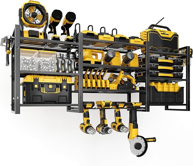 Power Tool Organizer Wall Mount With Charging Station,Upgraded Tool Shelf Load 400 Lbs,10-Tiers With 4 Cordless Drill Rack And 6FT Power Strip,Battery Utility Shelve For Garage Workshop