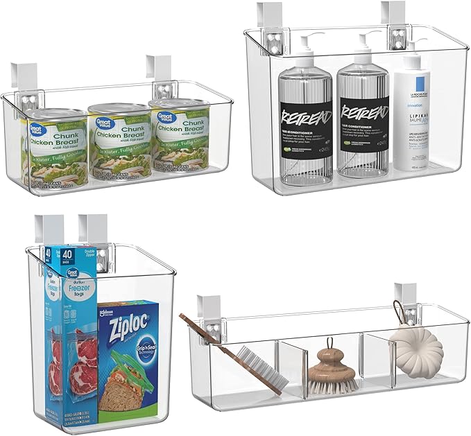 vacane Hanging Basket with Removable Hooks, Plastic Over Cabinet Door Organizer for Organizing Over the Cabinet Organizer Holder for Kitchen, Pantry, Bathroom-Hang Outside or Inside Door-4 Pack