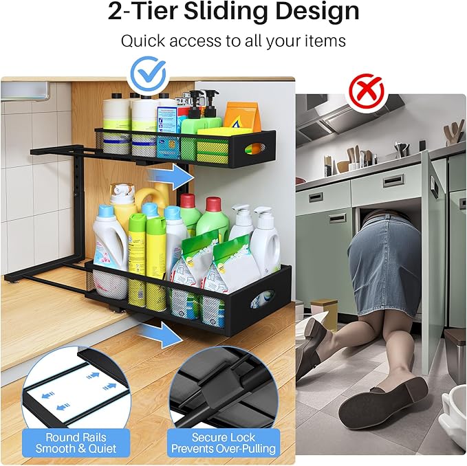 Under Sink Organizer, 2 Pack 2 Tier Pull Out Under Cabinet Organizer Shelf with Pad for Framed Cabinets, Metal Slide Out Under Sink Storage, Mesh Sliding Drawers for Kitchen Bathroom Laundry, Black