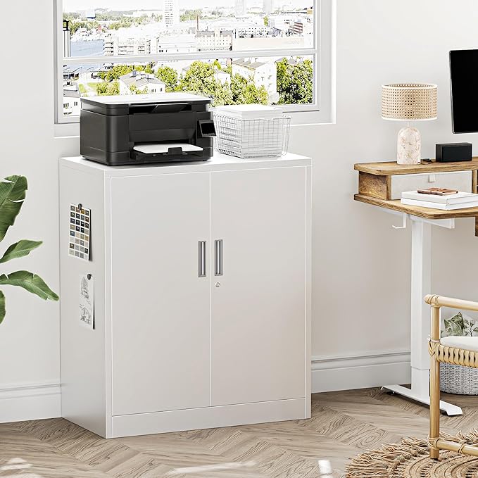 Metal Garage Storage Cabinets，36" Steel File Cabinet with 2 Adjustable Shelves, Lockable Storage Cabinets for Office, Home, Garage, Warehouse 36.2" H x 31.5" W x 15.7" D (White)