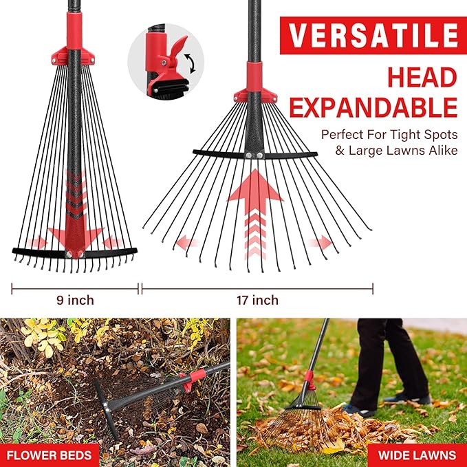Rake for Leaves - Metal Leaf Rake for Lawn & Narrow Beds with Expandable Head 9-17", 75" Adjustable Long Handle for Children Adults No Pain Gardening, Portable Camping Rakes, Threaded Quick Install