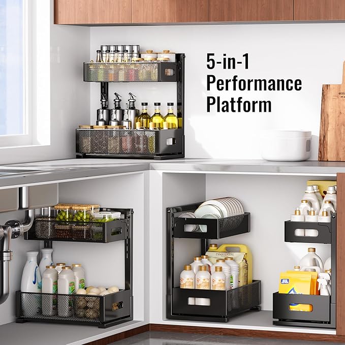 2-Tier Under Sink Organizer, Silk-Smooth Metal Sliding Drawer Organizers and Storage Rack, Pull Out Cabinet Shelf for Kitchen, Bathroom, Pantry, Cabinet, Closet