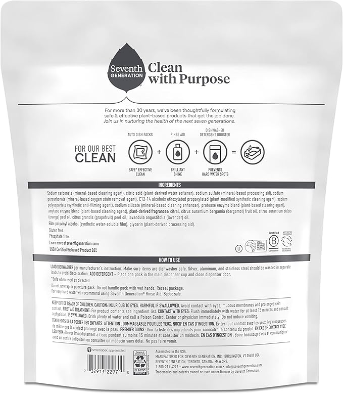 Seventh Generation Power Plus Dishwasher Detergent Packs Fresh Citrus scent for sparkling dishes Dishwasher tabs, 43 Count (1 pack)