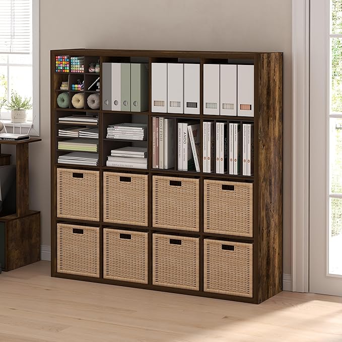 Furinno Cubicle Open Back Decorative Cube Storage Organizer, 16-Cube, Amber Pine