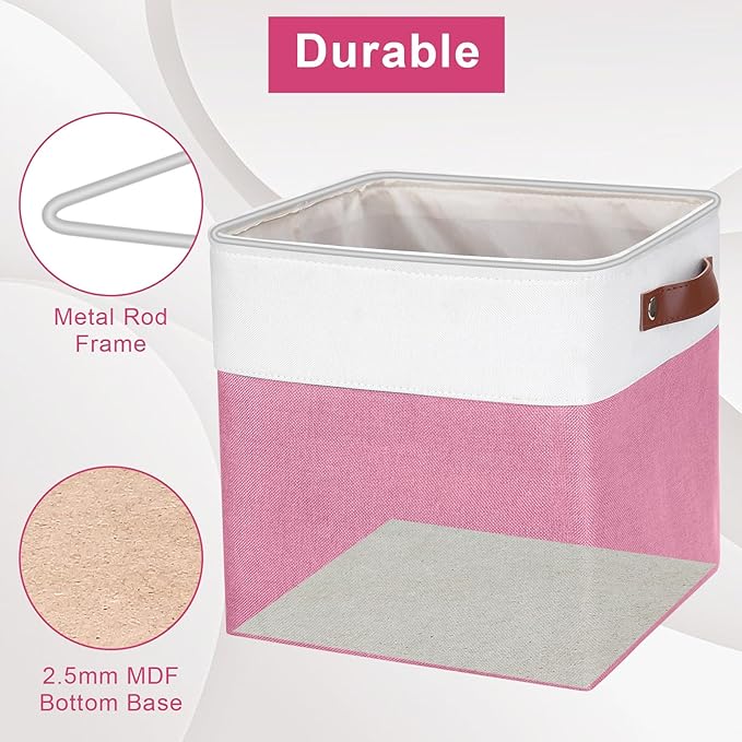 Collapsible Fabric Storage Cubes 11x11 Cube Storage Bins, 4 Pack Closet Baskets Box with Handles for Organizing, Shelf, Toys, Clothes, Home, Office, Nursery (Pink&White)