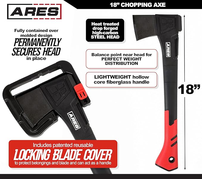 ARES 45005 – 18-Inch Chopping Axe – Lightweight Fiberglass Handle Construction – High-Carbon Steel Blade Head – Gardening, Hiking, and Outdoor/Adventure Applications