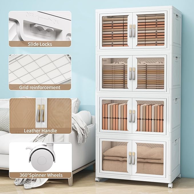 Large Stackable Storage Bins with Lids, 660QT-165QT*4Tier Foldable Cabinet for Closet Organizers, Plastic Storage Containers Box with Wheels