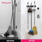 Combo 5 Slot Broom Holder w/ 1 Self Adhesive Mop Gripper No-Drilling, Wall Mount Tool Organizers For Kitchen, Garage, Laundry Room- Anti-Slip Hanger For Brooms, Mops, Rakes, Dustpans (Black/Black)