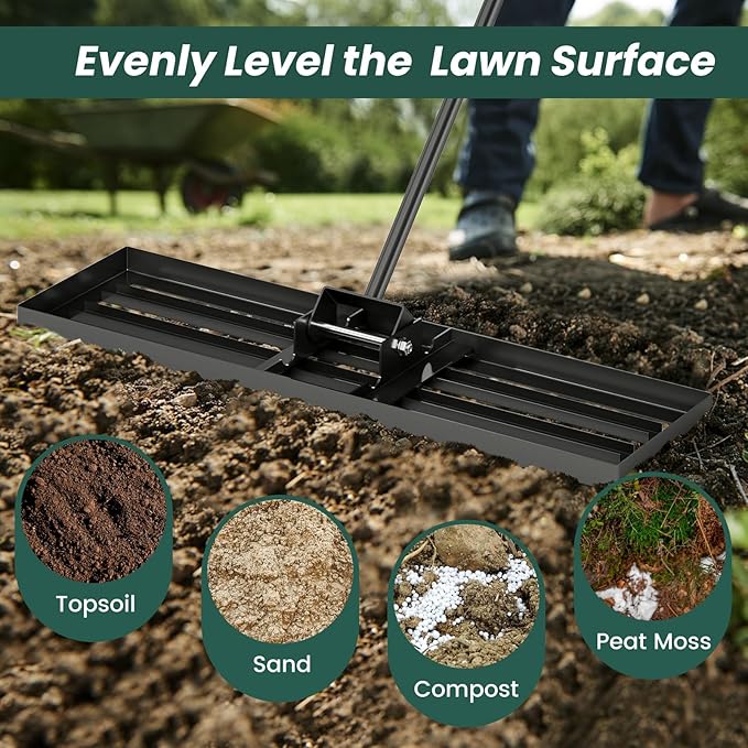 Goplus Lawn Leveling Rake, 36" x 10" Heavy Duty Level Lawn Tool w/ Ergonomic Handle for Soil, Effort-Saving Landscape Rake for Garden, Backyard, Golf Course, Farm, Pasture, Black