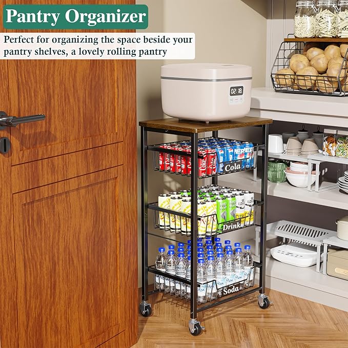 4-Tier Small Kitchen Storage Cart on Wheels, Metal Fruit Basket Stand with Pull-Out Baskets & Wood Top for Potato Onion Produce Snack Veggies