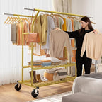 Raybee 74" W Clothes Rack Load 630 LBS, Clothing Racks for Hanging Clothes, Adjustable Heavy Duty Clothes Rack, Double Rods Metal Garment Rack for Bedroom Wardorbe Closet Living Room