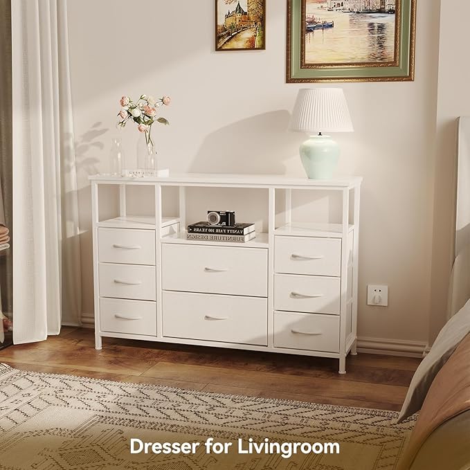 8-Drawer Fabric Dresser TV Stand for 40" TV - Sturdy Steel Frame & Wood Top Chest of Drawers, Lightweight Storage Organizer for Bedroom, Closet, Entryway (43.31" Wide, White)