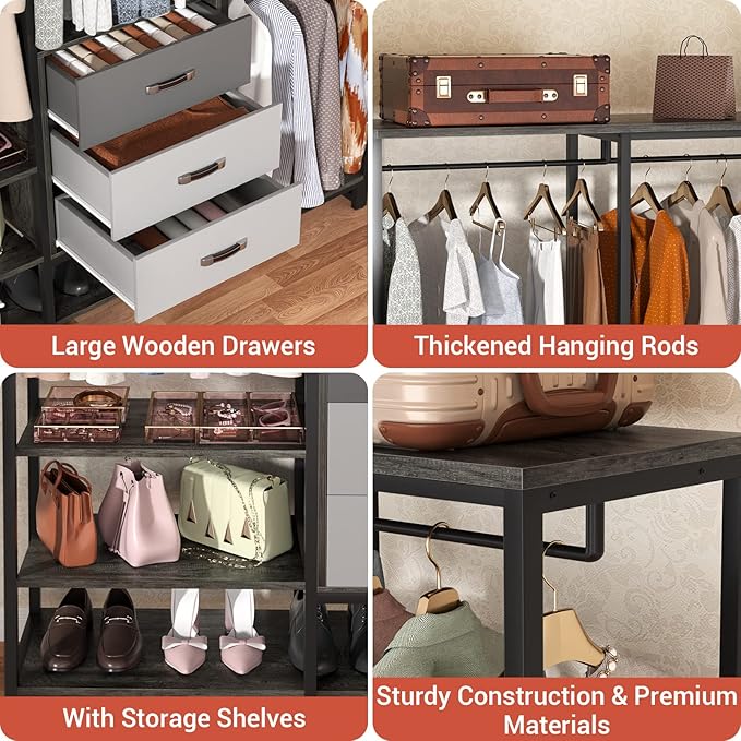 Aheaplus Wood Clothes Rack Wardrobe Organizer for Hanging Clothes, Heavy Duty Garment Rack, Large Corner L Shaped Closet System with 3 Wood Drawers, White and Grey