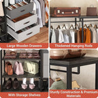 Aheaplus Wood Clothes Rack Wardrobe Organizer for Hanging Clothes, Heavy Duty Garment Rack, Large Corner L Shaped Closet System with 3 Wood Drawers, White and Grey