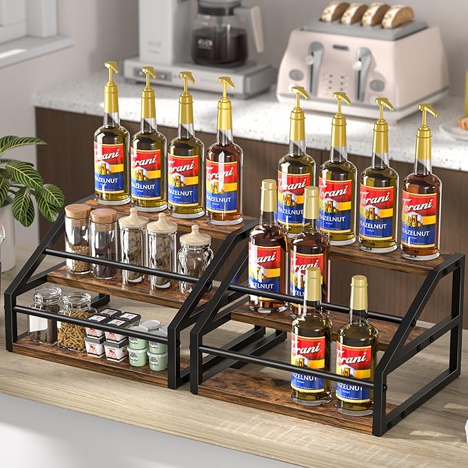Coffee Syrup Rack Organizer, Spice Racks, Syrup Bottle Holder Stand for Coffee Bar, 3-Tier 12 Bottles Storage Shelves for Syrup, Wine, Dressing for Kitchen Countertop, Rustic Brown
