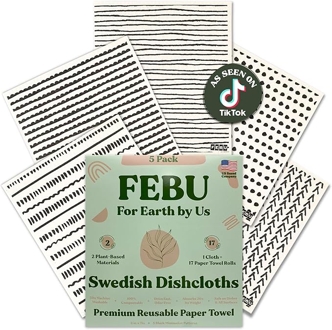 FEBU Swedish Dishcloths for Kitchen | 5 Pack Black Minimalist Reusable Paper Towels Washable | Swedish Dish Towels | Non-Scratch Cellulose Sponge Cloths | No Odor, Biodegradable Cleaning Cloths