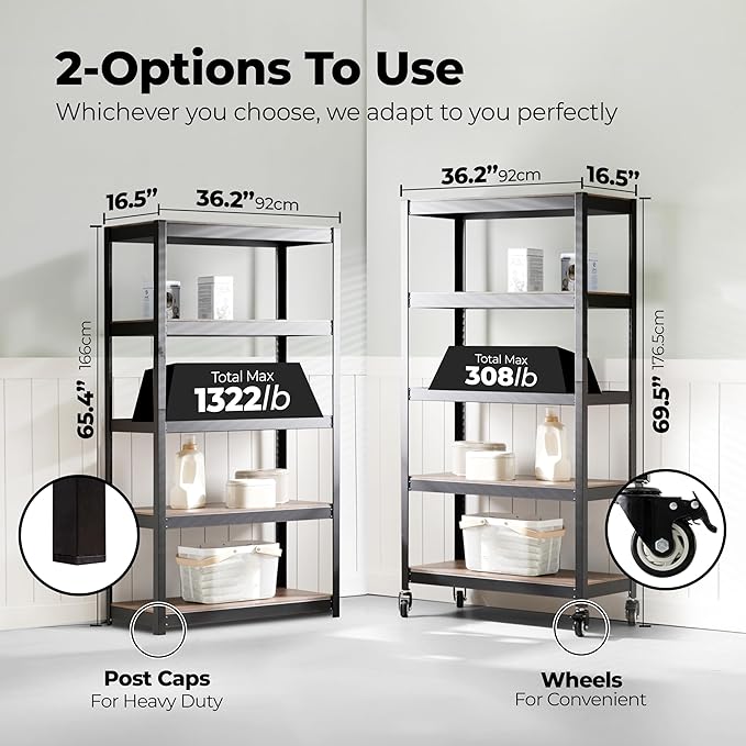 HOMEDANT House 5-Tier Metal Rolling Cart Shelf Rack Casters Heavy Duty Laminated Wheel Shelving Unit Adjustable Utility Storage Shelves Organizer Shelf Kitchen Garage 36.2" W x 16.5" D x 69.5" H 1Pack