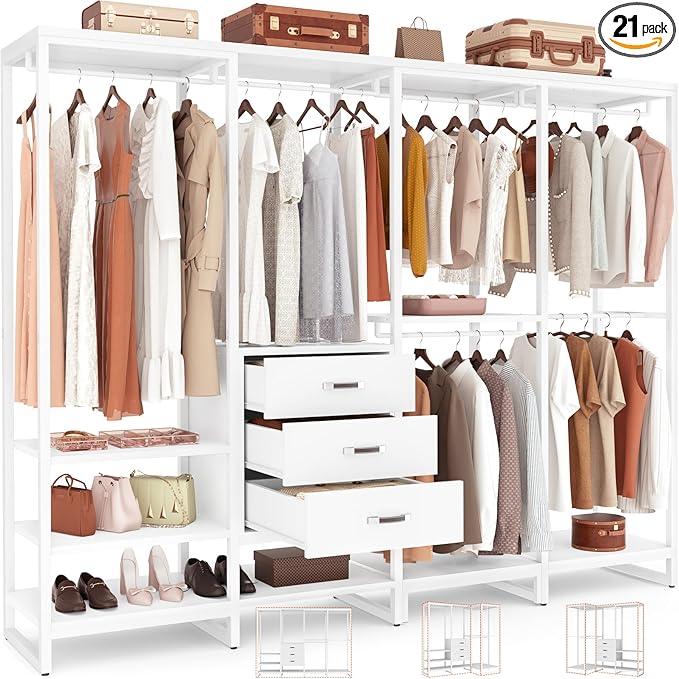Aheaplus Wood Clothes Rack Wardrobe Closets for Hanging Clothes Heavy Duty Garment Rack, Large Corner L Shaped Closet System Organizer Walk-in Closet for Bedroom with 3 Wood Drawers, Pure White