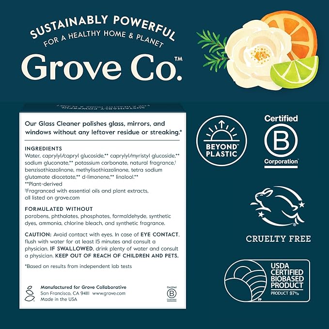 Grove Co. Glass Cleaner, Refill Concentrate (2 x 1 Fl Oz) + 1 x Reusable Glass Spray Bottle (16 Oz) Plant-Based Cleaning Supplies Bundle, No Plastic Waste, 100% Natural Orange & Rosemary Fragrance