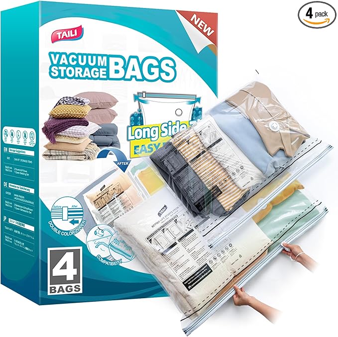 TAILI Vacuum Storage Bags 4 Pack, LONG SIDE ZIP (2 Large+2 Jumbo), Multi-Size Vacuum Seal Bags for Clothing, Storage Bulky Beddings, Blankets and Clothes, Space Saver for Closet Organization