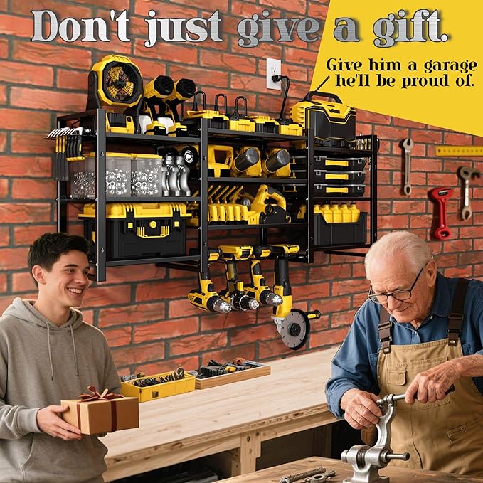 Power Tool Organizer Wall Mount With Charging Station,Upgraded Tool Shelf Load 400 Lbs,10-Tiers With 4 Cordless Drill Rack And 6FT Power Strip,Battery Utility Shelve For Garage Workshop