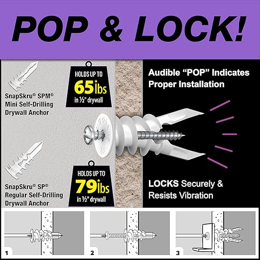 TOGGLER SnapSkru SP Self-Drilling Drywall Anchor for Hollow Wall Application, Glass-Filled Nylon, Made in US, for #6 to #10 Fastener Sizes (4 Pack w/Screws)