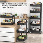 Sywhitta 5-Tier Plastic Rolling Utility Cart with Handle, Multi-Functional Storage Trolley for Office, Living Room, Kitchen, Movable Storage Organizer with Wheels, Black