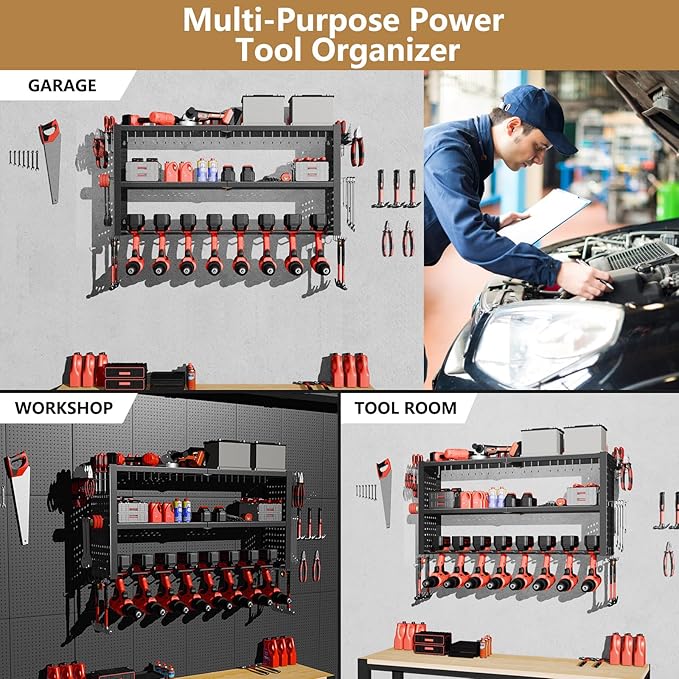 Power Tool Organizer Wall Mount, 3 Layer Heavy Duty Garage organizer Loads 260lbs, Tool Organizers with 8 Drill Hanger, Battery Tools Holder Garage Storage Organization for Workbench, Pegboard, Shed