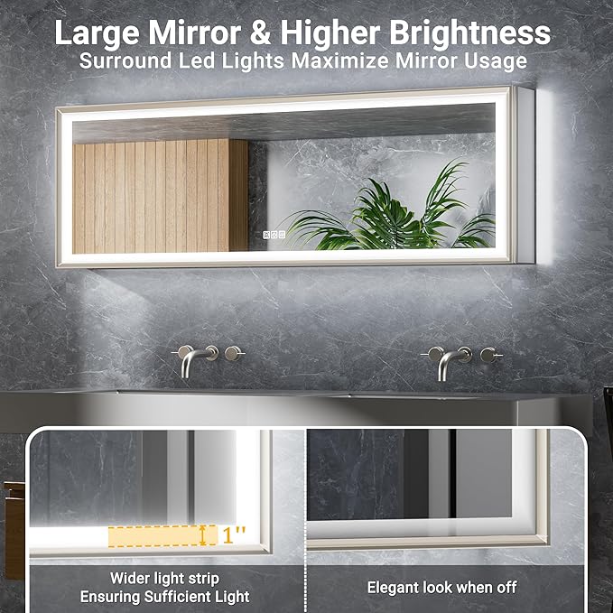60x20 Beveled Brushed Nickel Aluminum Framed Medicine Cabinet with Flip-up Mirror Door, Surface or Recessed Dimmable Lighted Medicine Cabinet with Defogger, Outlet, and Sensor Inner Light