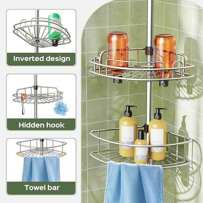 HAMITOR Corner Shower Caddy Tension Pole: 4-Tier Rust-Resistant Adjustable Bathroom Organizer Shelves - 47-121 Inch No-Drill Quick Installation - Space-Saving Storage for Renters Family - Silver Gray