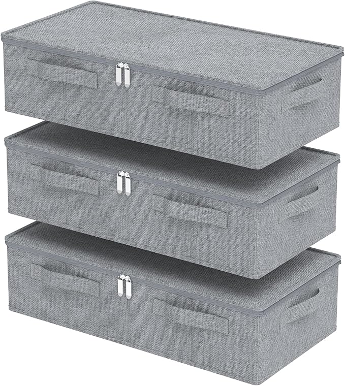 Underbed Storage Box, Foldable Under Bed Bins Container, Fabric Closet Organizer with Lid, for Clothes, Sheets, Blankets, 23.6x11.8x5.9in, Grey, 3 Pack