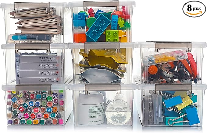 Citylife 8 Packs Small Storage Bins with Lids 3.2 QT Plastic Storage Containers for Organizing Stackable Clear Storage Boxes