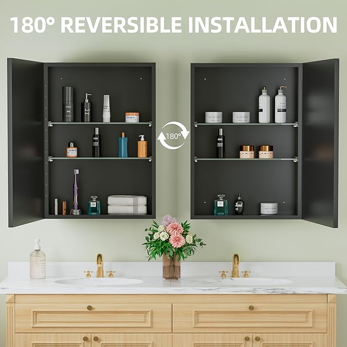 Buruis 20" x 28" Framed Medicine Cabinet with Mirror, Recessed or Wall Mounted Bathroom Cabinet, Adjustable Tempered Glass Shelves, Left/Right Open Reversible, No Assembly Required, Black