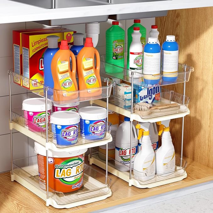 Delamu 2 Pack 3-Tier Bathroom Under Sink Organizers and Storage, Multi-Purpose Stackable Pantry Organization and Storage, Pull Out Clear Kitchen Bathroom Cabinet Organizer with Movable Dividers, Beige