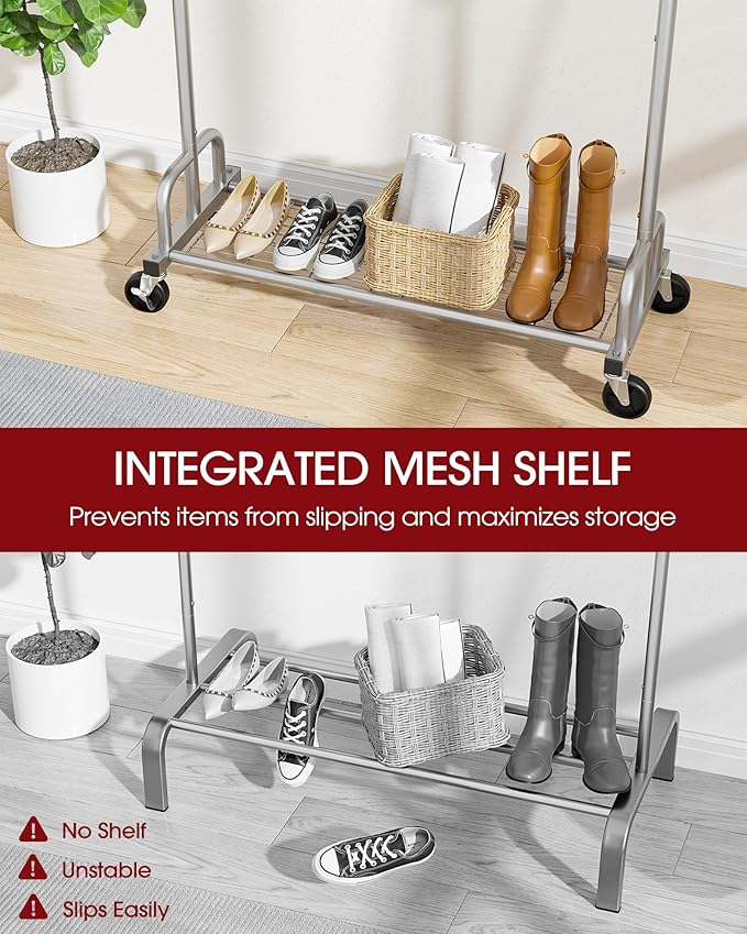 Sakugi Clothes Rack - Large-Capacity Clothing Racks for Hanging Clothes with Lockable Wheels, Space-Saving Metal Coat Rack for Bedroom, Laundry Room, Entryway, 45.6" x 16.9" x 59", Silver