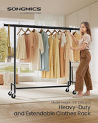 SONGMICS Clothes Rack with Wheels, Heavy-Duty Garment Rack with Extendable Hanging Rod, 286.6 lb Load Capacity, 17.7 x (43.3-59.1) x 64.1 Inches, Chrome-Plated, Matte Black UHSR011B01