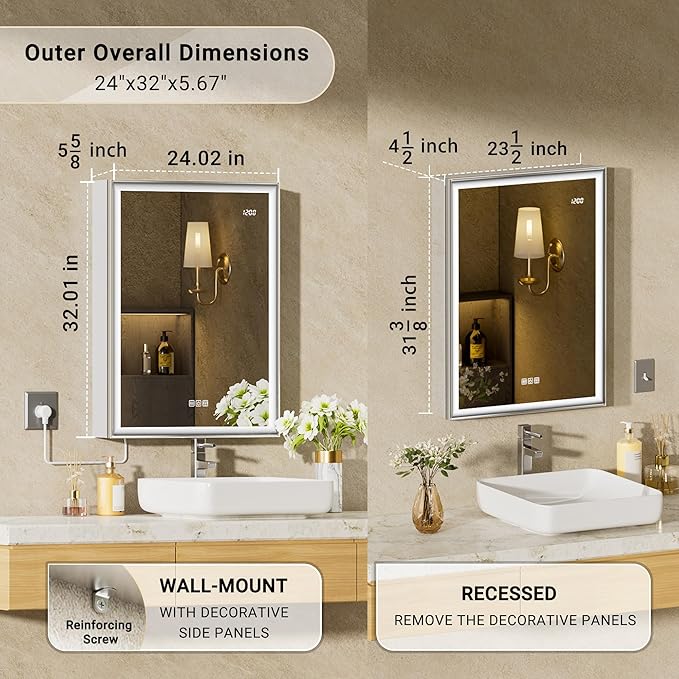 24x32 Lighted Medicine Cabinet with Mirror, Beveled Brushed Nickel Framed Surface or Recessed Fogless Dimmable LED Medicine Cabinet with Outlet, Time Display & Sensor Inner Light(Right Hinge)