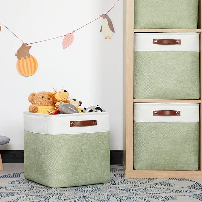HNZIGE Collapsible Fabric Storage Cubes 13x13x13 Set of 4 Decorative Storage Basket Bin with Handles Storage Cube Basket for Organizing Clothes, Toys, Closet, Nursery(Green White)