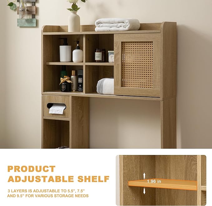 6Tier Over The Toilet Storage Cabinet, Freestanding Above Toilet Space Saver Rack w/Adjustable Shelves, Sliding Door, Multifunctional Over Toilet Organizer for Bathroom (Burlywood)