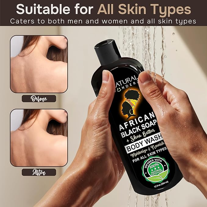 Natural Wunderz African Black Soap Body Wash, 12 oz – Sulfate‑Free, Vegan Cleanser with Shea Butter – Soothing, Detoxifying Shower Gel for Men & Women