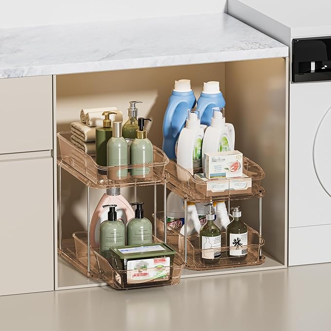 Delamu 2 Sets of 2-Tier Clear Under Sink Organizers and Storage, Multi-Purpose Stackable Bathroom Cabinet Organizers, Amber