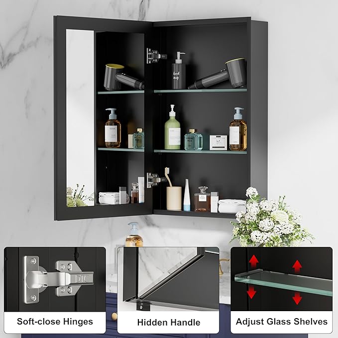20x28 Inch Medicine Cabinet with Mirror, Aluminum Bathroom Mirror Cabinet, Beveled Edge Mirrored Single Door, Adjustable Shelves, Surface or Recessed Mount Mirrors with Storage,Black