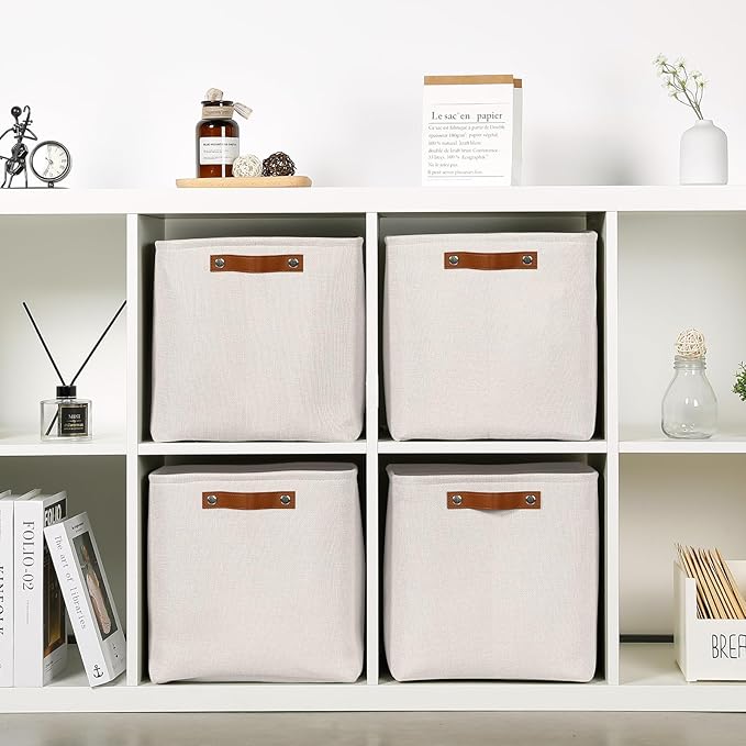 HNZIGE Foldable Cube Storage Bin(4 Pack ) Storage Baskets for Shelves, Closet,12x12 Storage Cube Bins Baskets for Cube Organizer, Fabric Storage Cubes for Storage Home Organization(Cream)