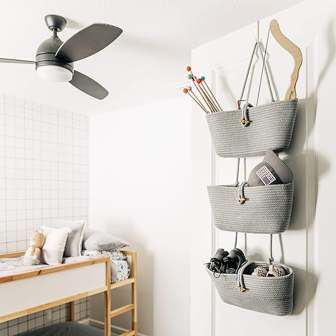 OrganiHaus 3-Tier Hanging Organizer, Gray Cotton Rope Baskets for Wall or Door – Boho Nursery & Home Storage
