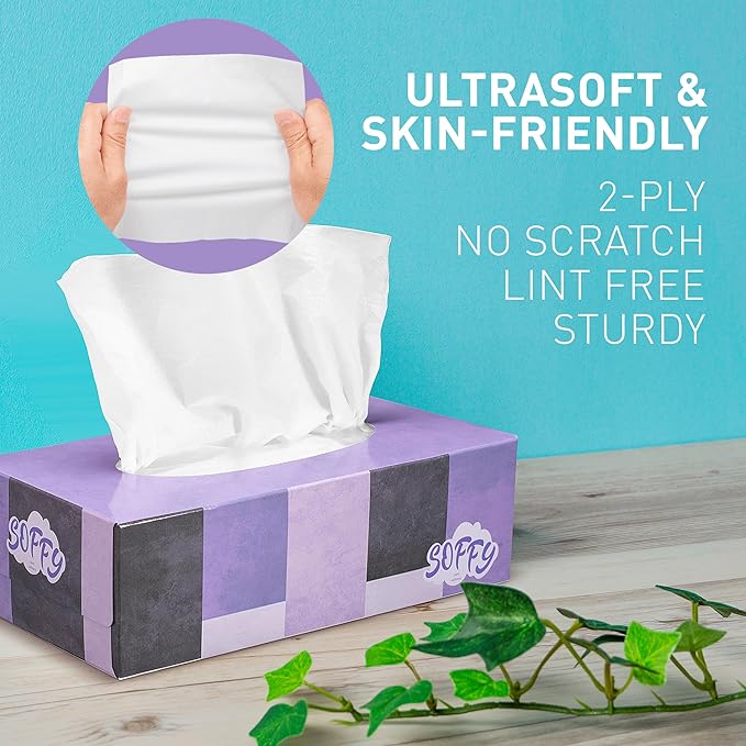 Facial Tissues, 2 Ply White - 130 Per Box, Car and Travel, Face Tissue 7.5" x 7.1", (Pack of 6) Tissue Box