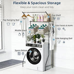 Laundry Room Storage Shelf, 2 Tier Metal Over Washer and Dryer Shelves, Washing Machine Shelf with Hanger Rods & Hooks, Expandable Bathroom Space Saver Shelf, 26–36.8" L x 18.3" W x 73.8" H, Black