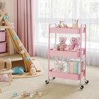TOOLF 3-Tier Metal Rolling Cart with Wheels, Storage Utility Organizer Cart for Kitchen, Bathroom, Office, Baby Essentials & Makeup - Lockable Casters, Easy Assembly, Large Capacity, Pink